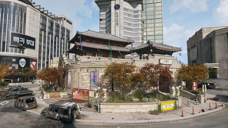 Traditional Korean pavilion surrounded by modern high-rises, autumn trees, abandoned vehicles, and a damaged tank.